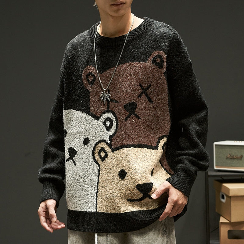 swvws Cartoon Bear Sweater Men's Winter Men's Women's Fashion Long-Sleeved Knitted Pullover Sweater Oversized  New Cotton Coat