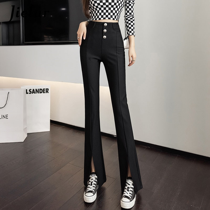 swvws Split Zipper Buttons Women Trousers Korean Fashion Casual Office Lady Black Flare Pants Female High Waist Long Pants S-XL