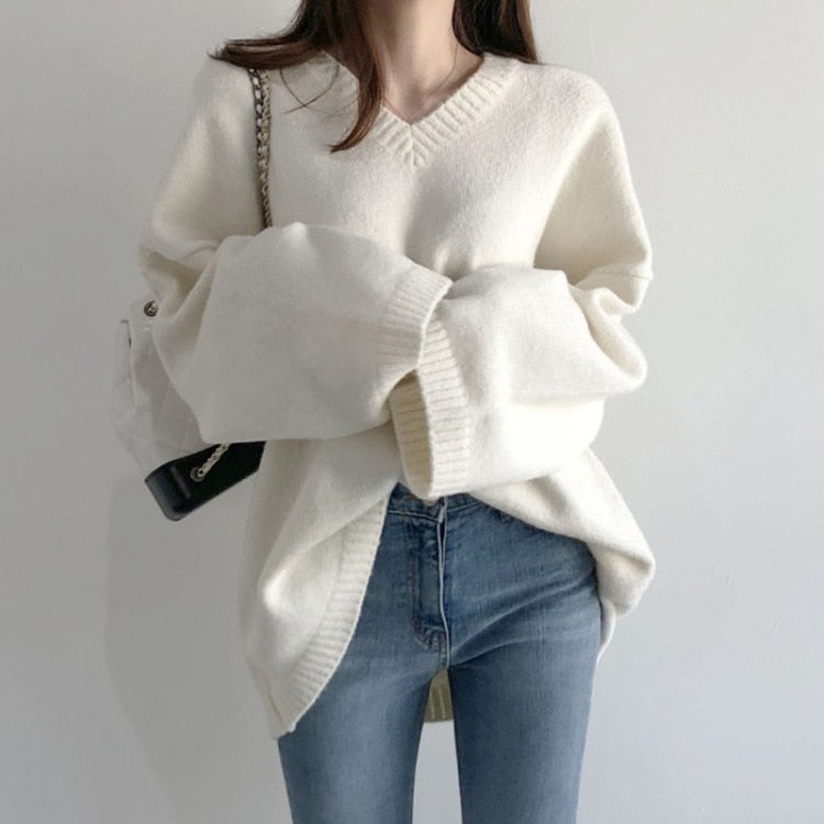 swvws Autumn Winter V Neck White Sweater Women Oversize Pullover Ladies Elegant Loose Knitwear Top Casual Knitted Sweater Sueter Mujer