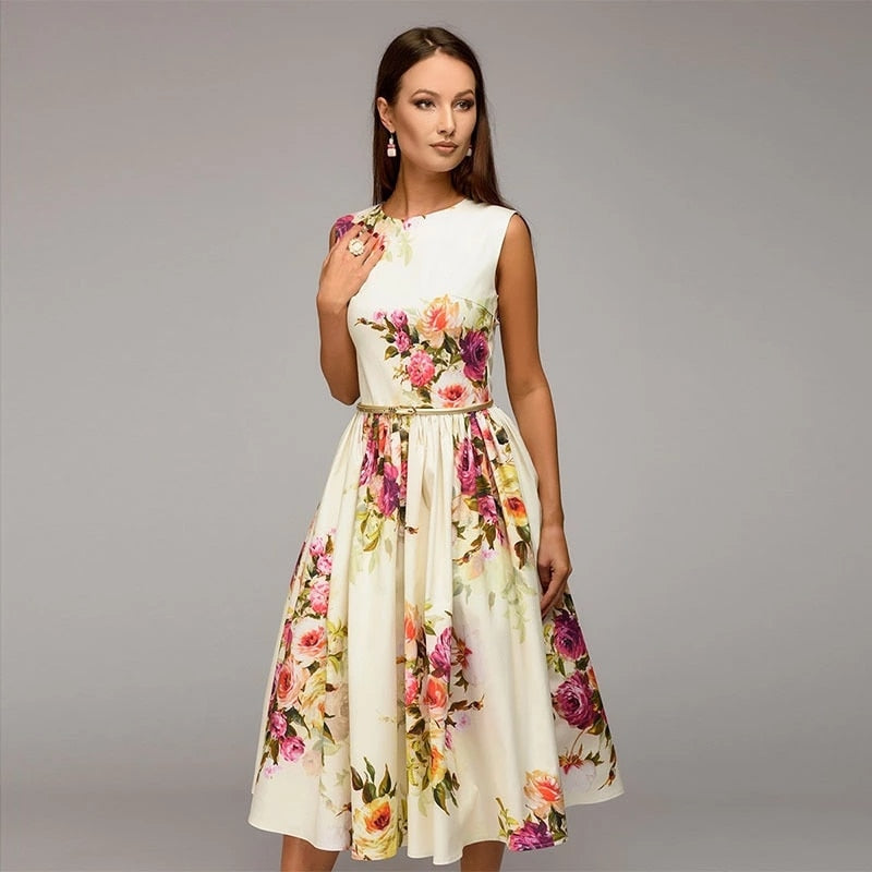 swvws Lady Party Dress  Summer Autumn Women Sleeveless Flowers Printing Vestidos Elegant Casual A-Line Dress No Belt