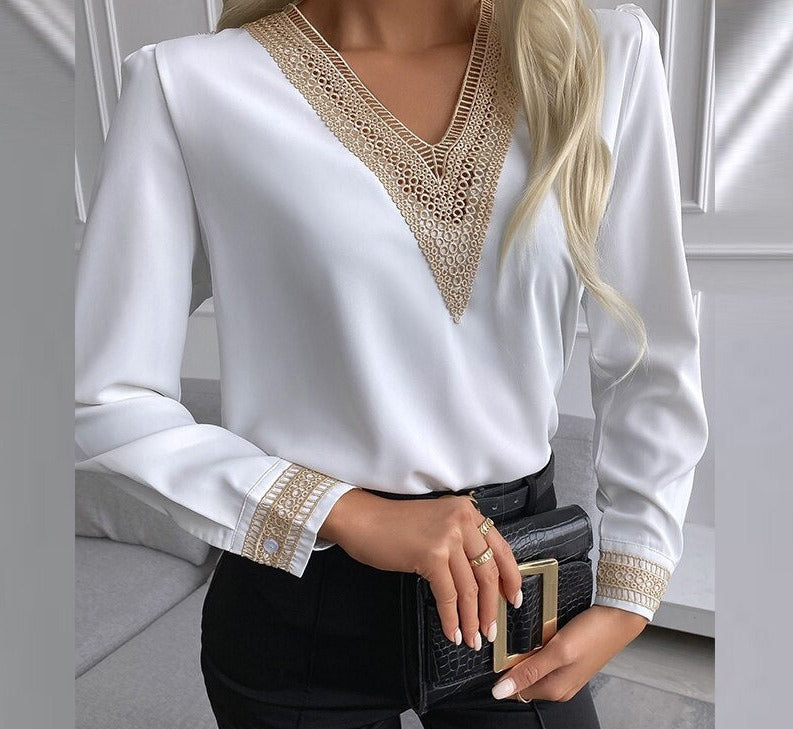 swvws Autumn Lace Crochet Satin Silk Chiffon Shirt Women Long Sleeve Woman Blouses Tops V Neck Solid Embroidery Shirts Blusas 15777