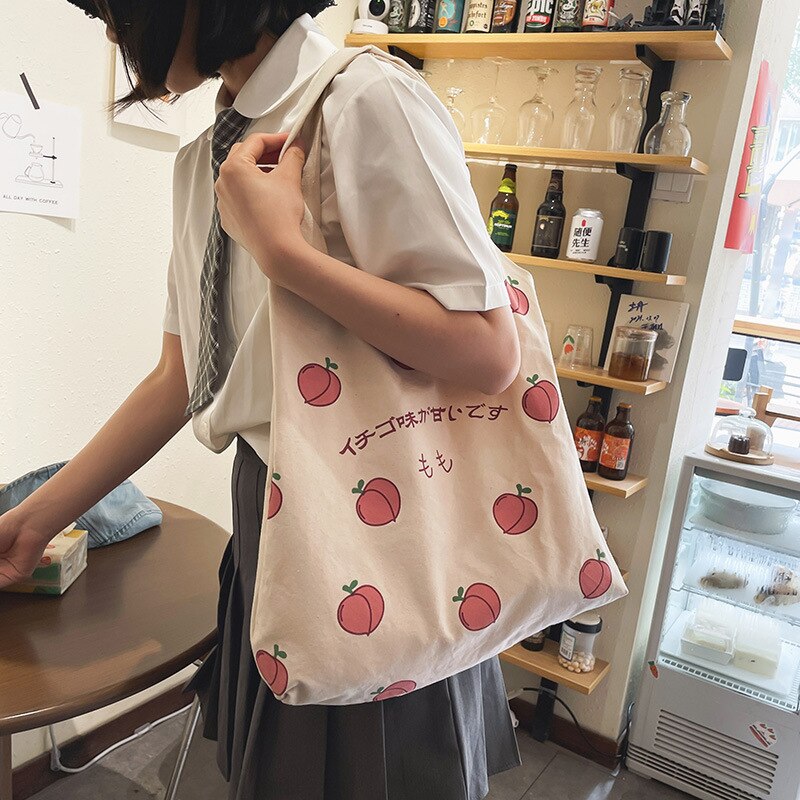 swvws  Japanese Peach Print Tote Bag Large-capacity Shoulder Bag For Women Shopper Bag Canvas Bag Handbag Student Bags Bolsa Feminina