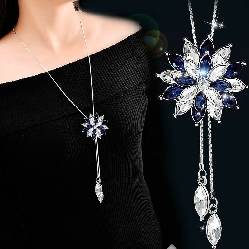 swvws Sunflower Crystal Pendant Necklace Women Fashion Blue White Rhinestone Long Chain Necklaces & Pendants Jewelry