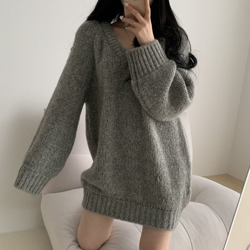 swvws  Women V-Neck Pullovers Simple Loose O-Neck Oversize Autumn Sweaters Knitted Korean Fashion Long Sleeve Sweater Top