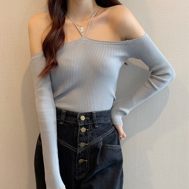 swvws Harteen Slim Without Shoulder Crop Sweater Long Sleeve Top Female Chic Knitted Short Tops Soild All-Match Girl Halter Sweaters