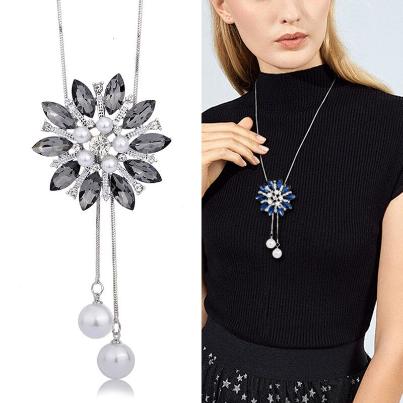 swvws Sunflower Crystal Pendant Necklace Women Fashion Blue White Rhinestone Long Chain Necklaces & Pendants Jewelry