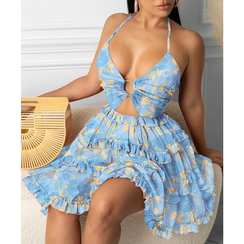 swvws Fashion Women Sexy Backless Halter Geo Print Mini Dress Beach Dresses O-Ring Cut-Out Backless Frill Hem Summer Short Dresses