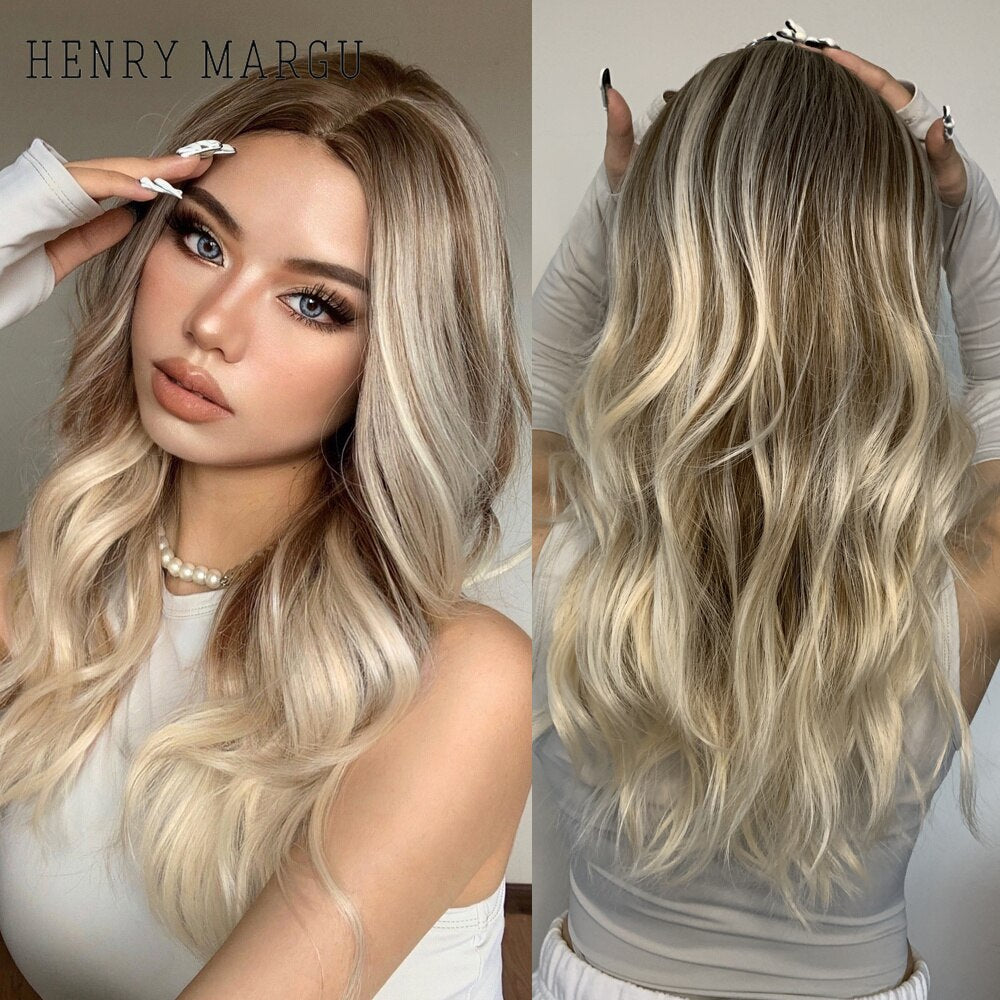 Long Ombre Brown Light Ash Platinum Blonde Wavy Wigs Cosplay Party Synthetic Wig for Women High Temperature Fibre