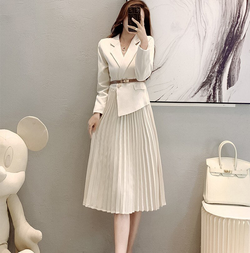 swvws  Autumn Korean Fashion OL Long Sleeve Midi Suit Dress Women Fake Two-Piece Slim Pleated Long Casual  Dress