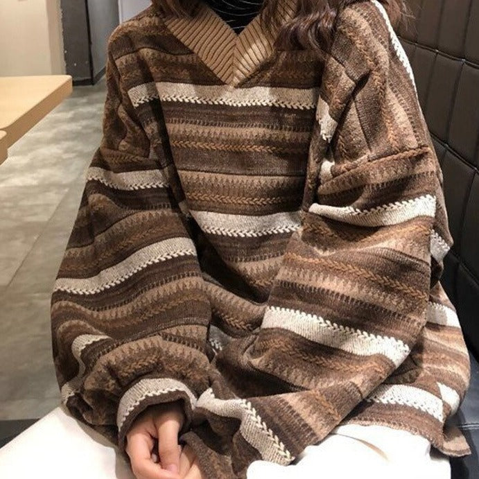 swvws Knitted Sweaters Women Oversized V Neck Striped Pullover Vintage Sweater Autumn Winter Retro Warm Jumper Harajuku Loose Sweater