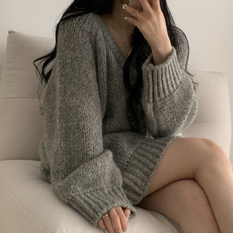 swvws  Women V-Neck Pullovers Simple Loose O-Neck Oversize Autumn Sweaters Knitted Korean Fashion Long Sleeve Sweater Top