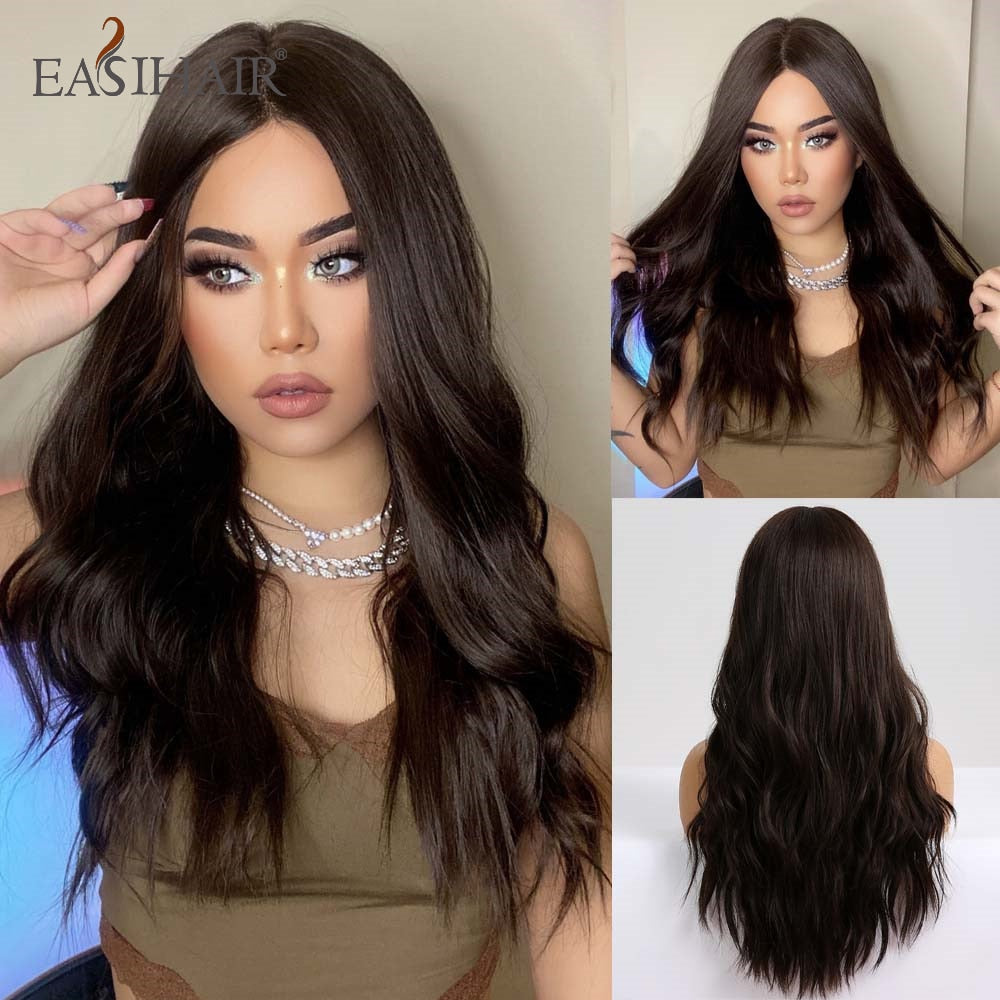 swvws  Long Body Wave Wigs Ombre Black Brown Blonde Synthetic Wig Cosplay Middle Part Natural Heat Resistant Wig For Women