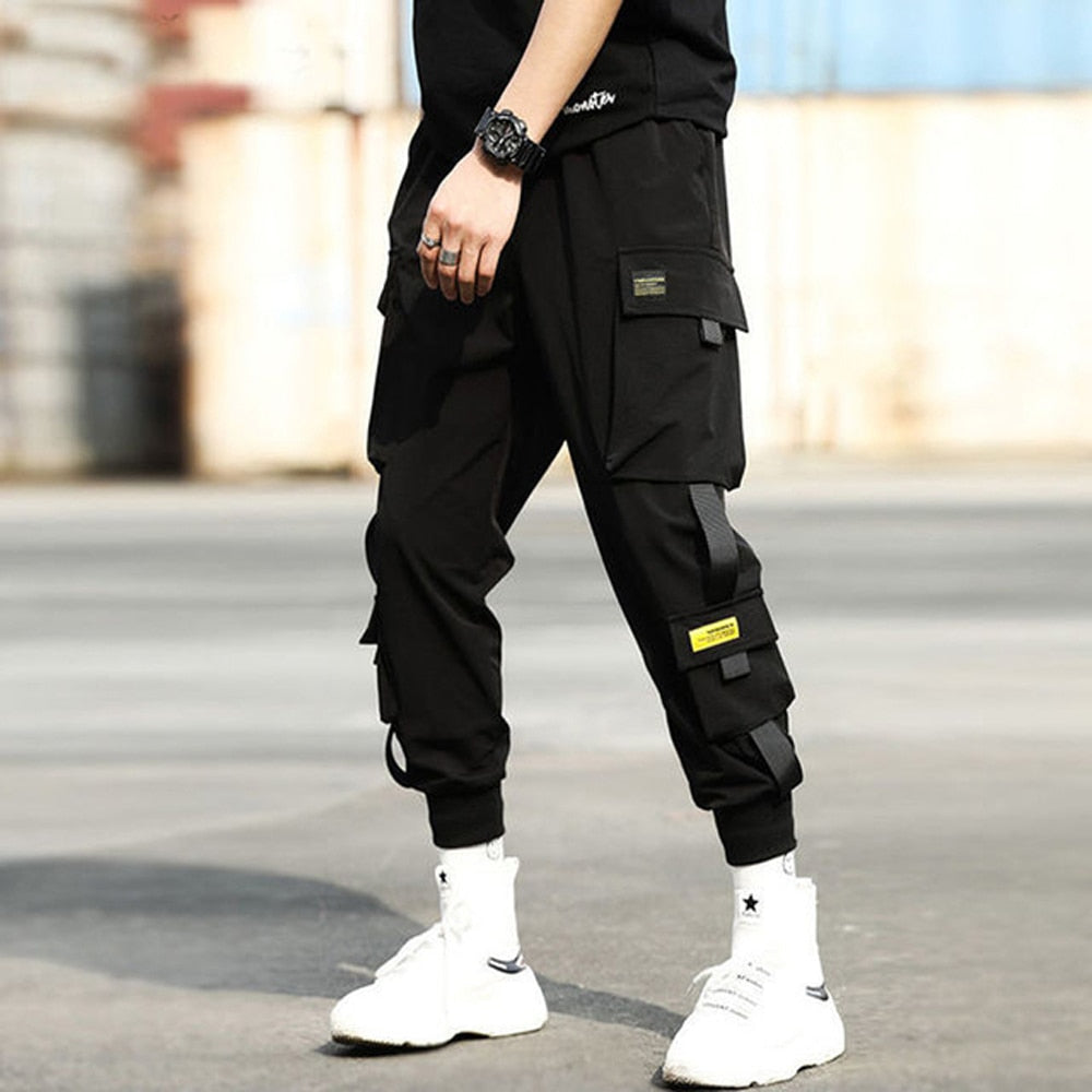 swvws Mens Vintage Hip Hop Style Baggy Jeans Men's Side Pockets Cargo Harem Pants Ribbons Black Hip Hop Casual Male Joggers Trousers Fashion Casual Streetwear Pants 5XL