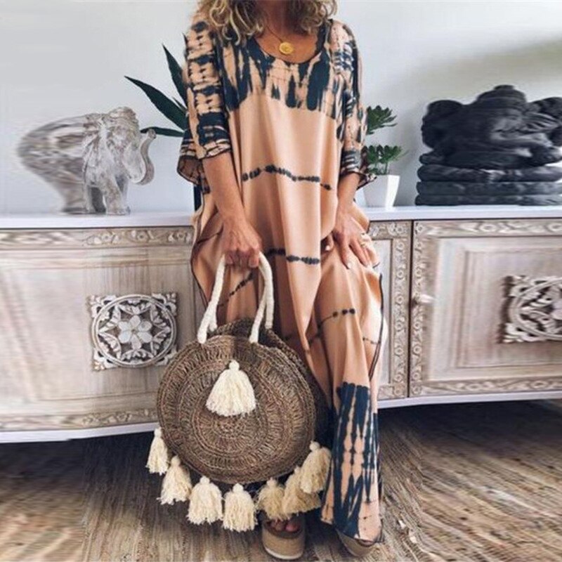 swvws  Summer Women Boho Floral Short Sleeve Long Dress Tunic Loose Beach Holiday Sundress Ladies Casual Loose Holiday Dresses