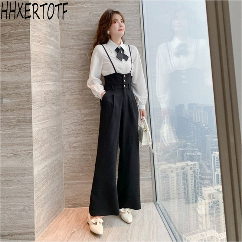 swvws  Spring Fashion Elegant Women Two Piece Suits Long  Sleeve Shirts Tops+Long Wide Leg Pants Trousers Sets