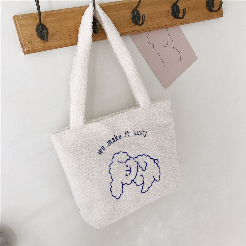 swvws  Women's Bag New Plush Tote Bag For Women  Cartoon Embroidery Handbag Women Shoulder Bag Shopper Bag Winter Bags Bolsa Mujer