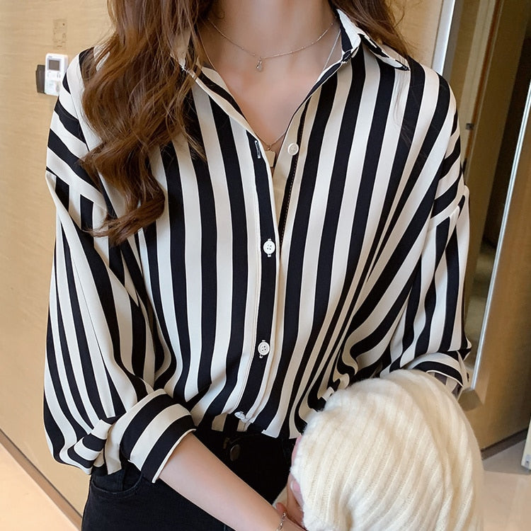 swvws Spring Summer Korean Design Loose Striped Shirt Women's Thin Retro Long Sleeve Chiffon Blouse Button Cardigan Clothes Women