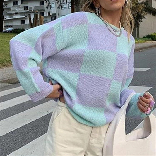 swvws Ladies Autumn Winter Sweater Women Pullovers Oversize Loose Casual Soft Jumper Knitted Plaid Women Sweaters Female Pull Knitwear