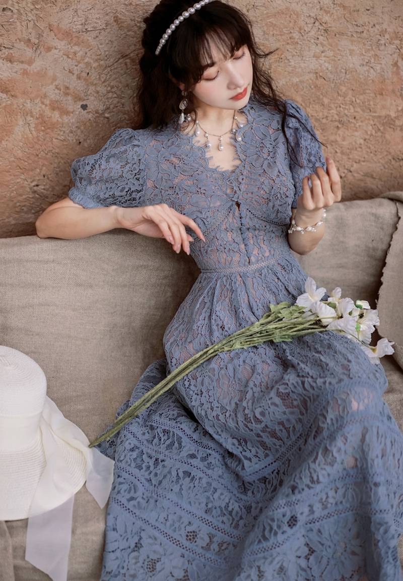 swvws  Summer  Fashion Korea Temperament Elegant Women  V-Neck Puff Sleeve  Lace Hollow Out Dresses   Vestidos