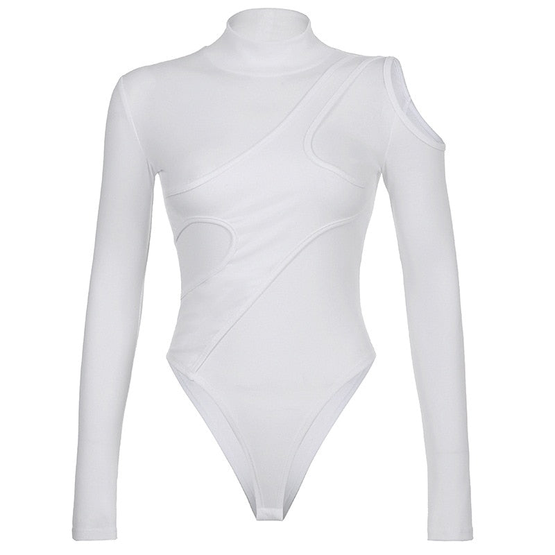 swvws  Cotton Turtleneck White Bodycon Long Sleeve Bodysuit Autumn Cut Out Basic Bandage Short Jumpers Women Fashion ASJU83797