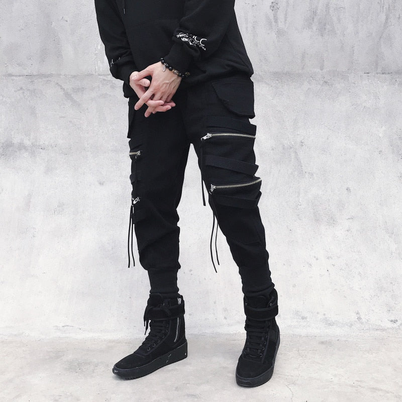 swvws Back To School  Black Cargo Pants Punk Pants Punk Rave Joggers Men Jogging Autumn Korean Streetwear Hip Hop Zipper Ribbon