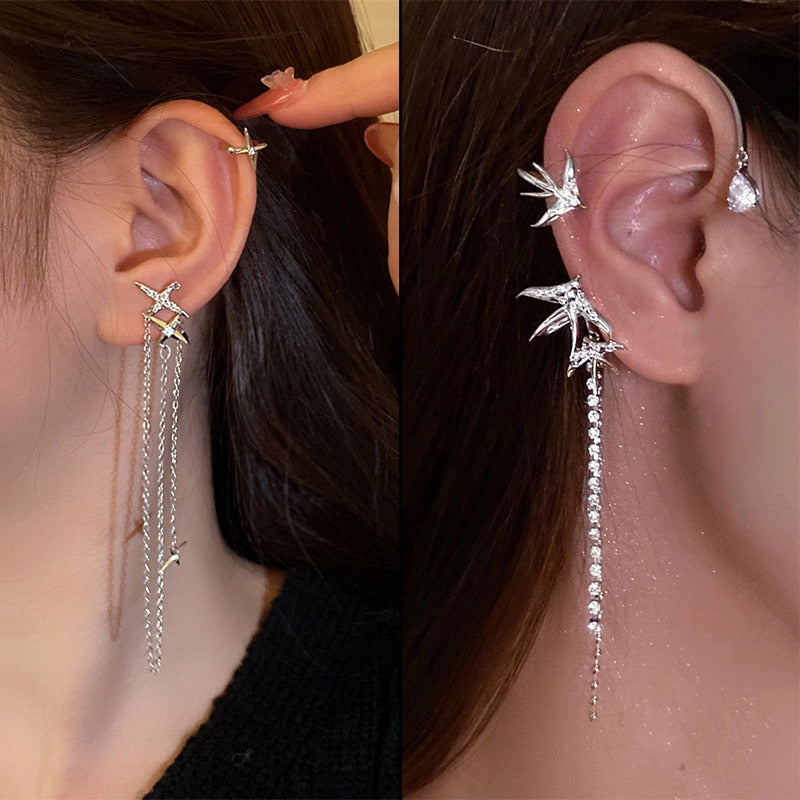 swvws Trend  New Animal Birds Tassel Women Earrings Clip Ear Cuff Silver Color Stars No Pierced Ear Hook Long Chain Earing Jewelry