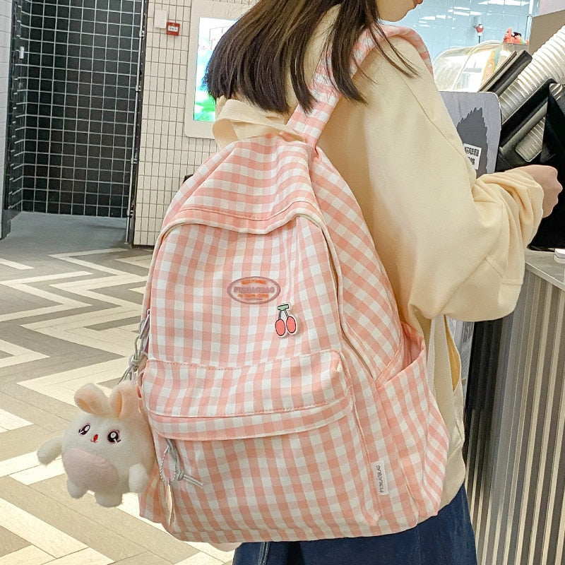 swvws Trendy Cute Women Lattice Laptop Bag Nylon Lady Kawaii College Backpack Cool Girl Travel Plaid Backpack Female Book Bags Fashion