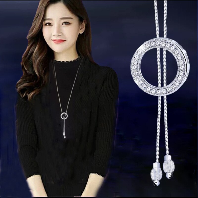 swvws Fashion Long Chain Sweater Necklaces & Pendants for Women Blue Opal Rhinestone Flower Pendant Necklace Female Jewelry