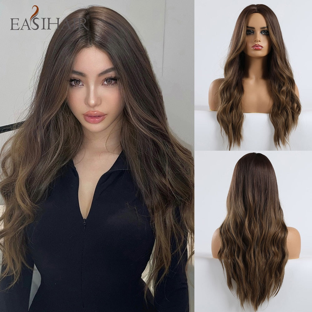 swvws  Long Body Wave Wigs Ombre Black Brown Blonde Synthetic Wig Cosplay Middle Part Natural Heat Resistant Wig For Women