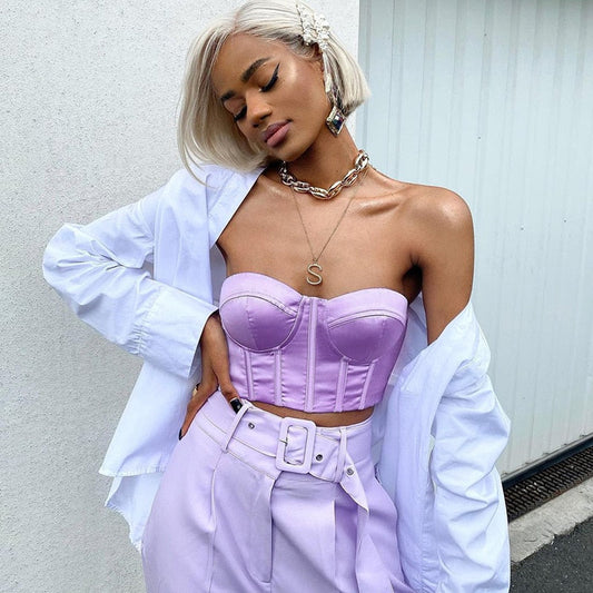 swvws  Patchwork Sexy Bustier Corset Crop Top Women Sleeveless Off Shoulder Purple Satin Bandage Tank Top Summer Club ASVE82591