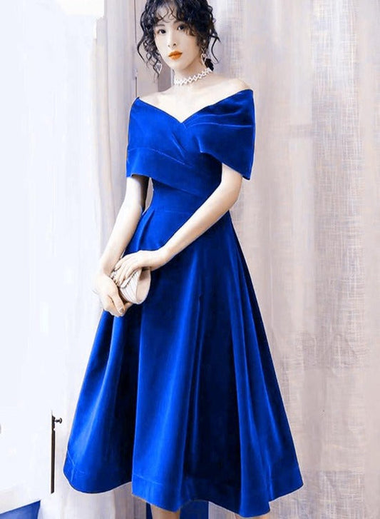 Tmallworld Lovely Royal Blue Velvet Tea Length Off Shoulder Party Dress, Blue Velvet Homecoming Dress