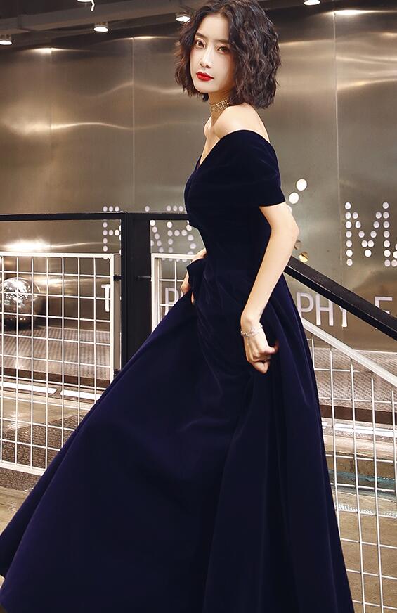 Tmallworld Navy Blue Off Shoulder Velvet Floor Length Party Dresses, Navy Blue Evening Dresses