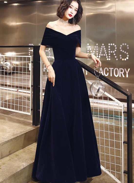 Tmallworld Navy Blue Off Shoulder Velvet Floor Length Party Dresses, Navy Blue Evening Dresses