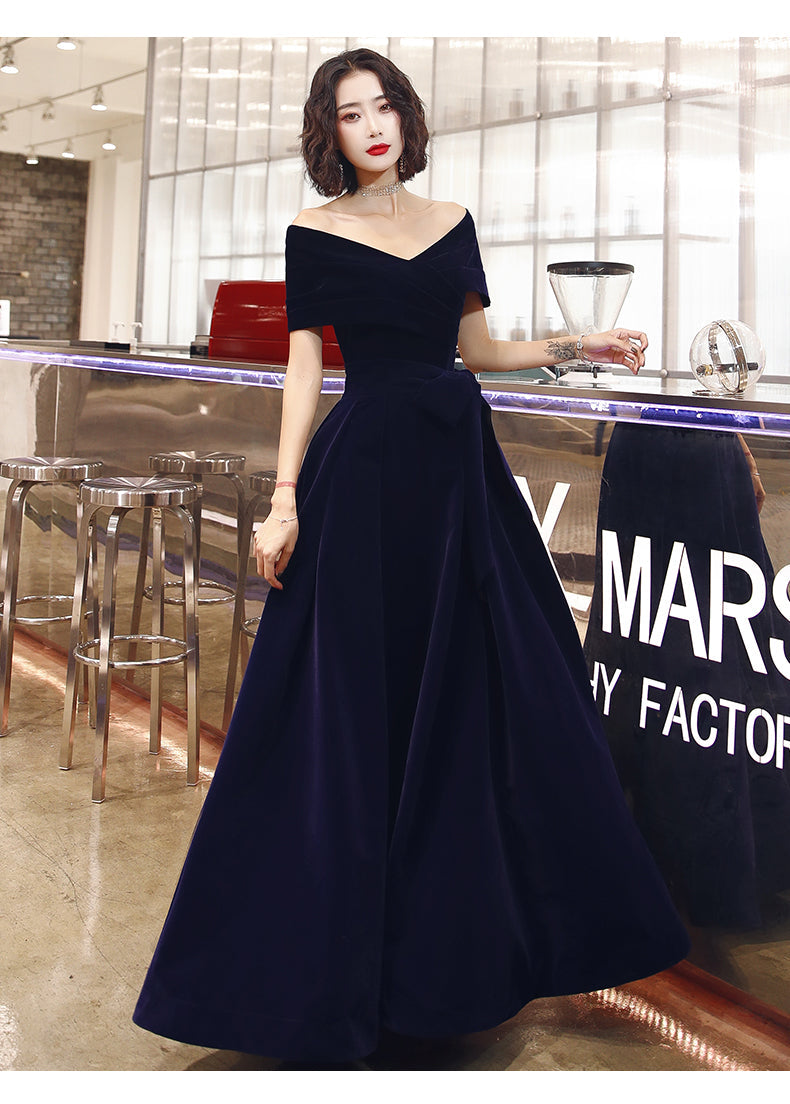 Tmallworld Navy Blue Off Shoulder Velvet Floor Length Party Dresses, Navy Blue Evening Dresses