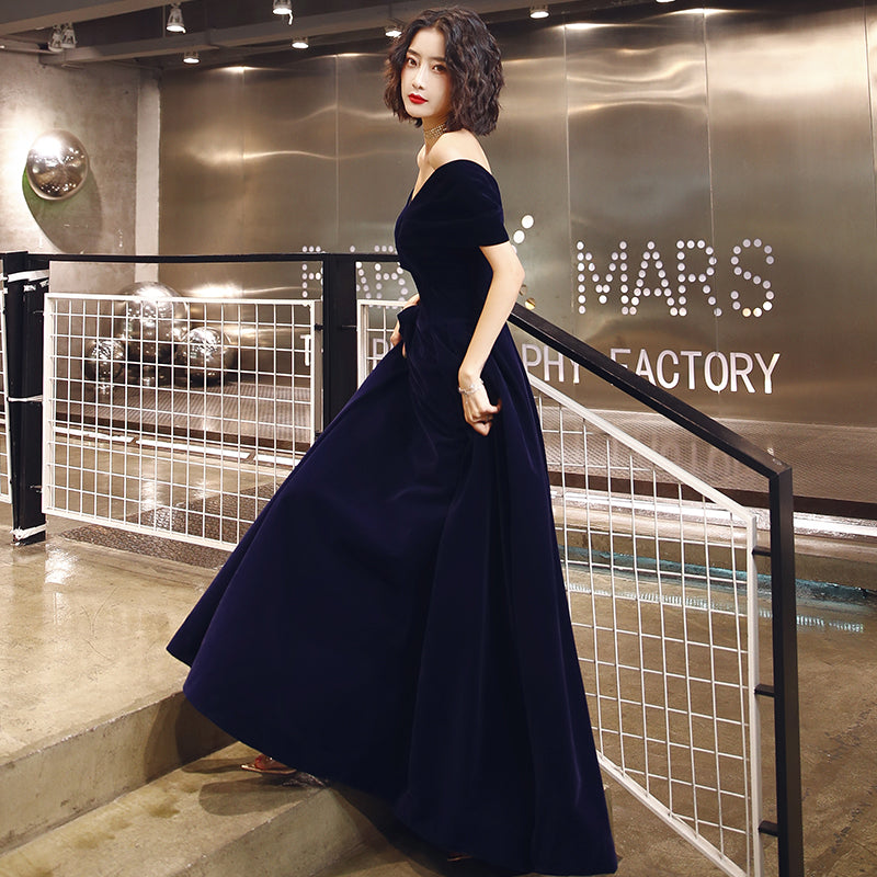 Tmallworld Navy Blue Off Shoulder Velvet Floor Length Party Dresses, Navy Blue Evening Dresses