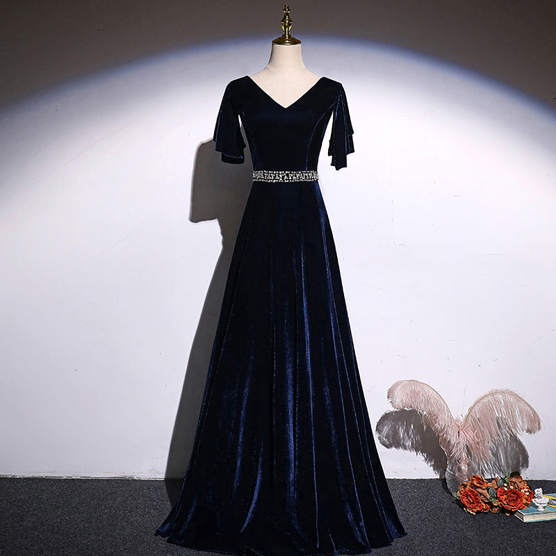 Tmallworld Navy Blue Velvet A-line long Beaded Elegant Party Dress, Simple Velvet Formal Dresses