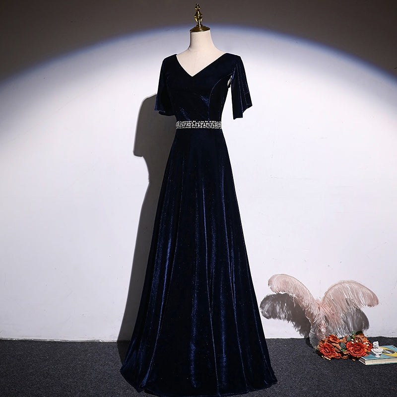 Tmallworld Navy Blue Velvet A-line long Beaded Elegant Party Dress, Simple Velvet Formal Dresses