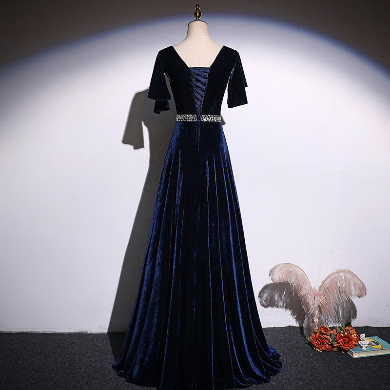 Tmallworld Navy Blue Velvet A-line long Beaded Elegant Party Dress, Simple Velvet Formal Dresses