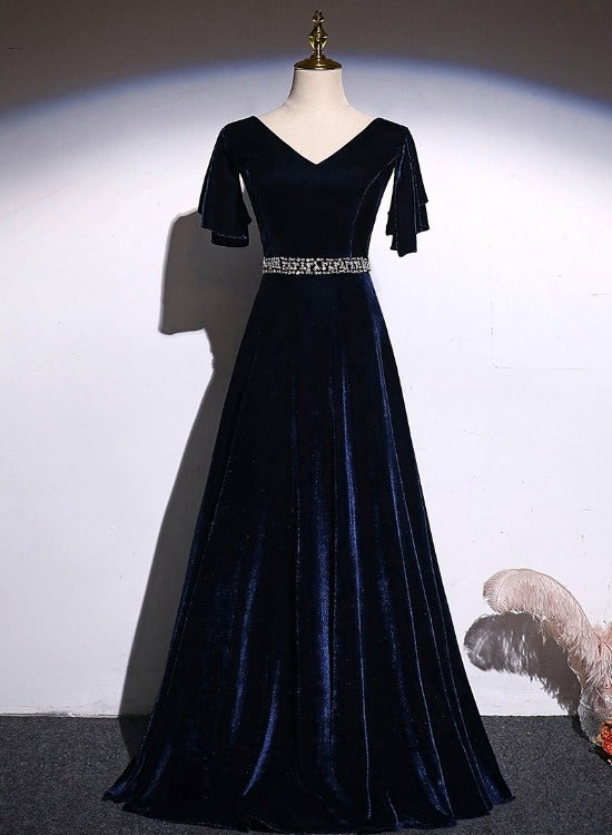 Tmallworld Navy Blue Velvet A-line long Beaded Elegant Party Dress, Simple Velvet Formal Dresses