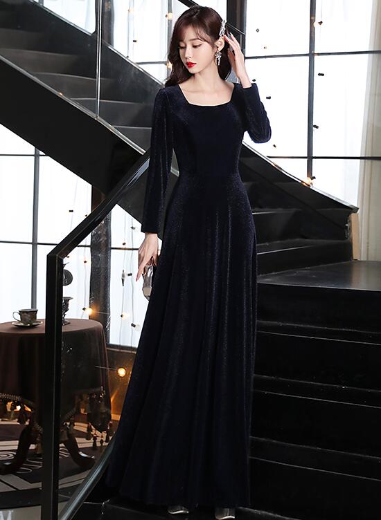 Tmallworld Navy Blue Long Floor Length Velvet Bridesmaid Dresses, Blue Evening Dress Prom Dress