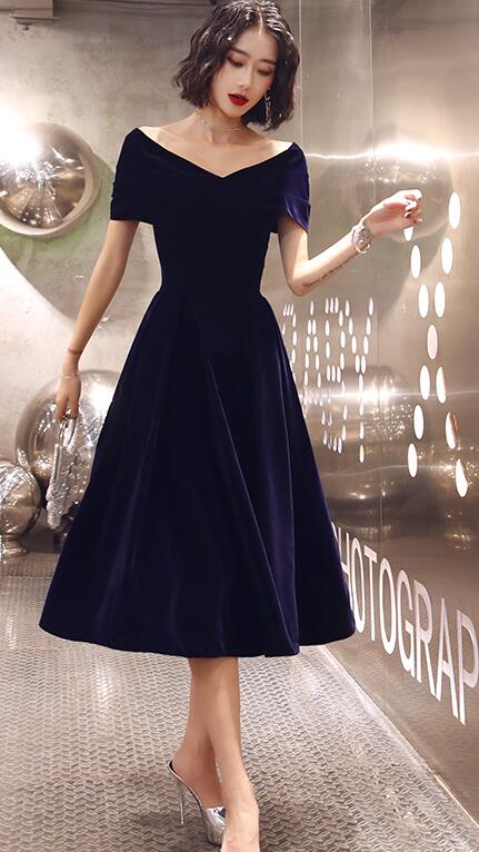 Tmallworld Navy Blue Velvet Tea Length V-neckline Party Dress, Navy Blue Bridesmaid Dress Party Dress