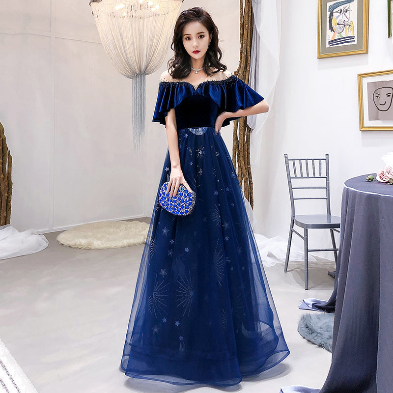 Tmallworld Navy Blue Velvet and Tulle Floor Length Evening Dress Party Dress, Blue Junior Prom Dresses