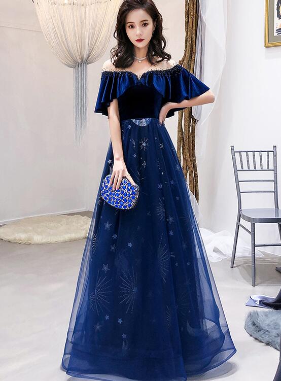 Tmallworld Navy Blue Velvet and Tulle Floor Length Evening Dress Party Dress, Blue Junior Prom Dresses