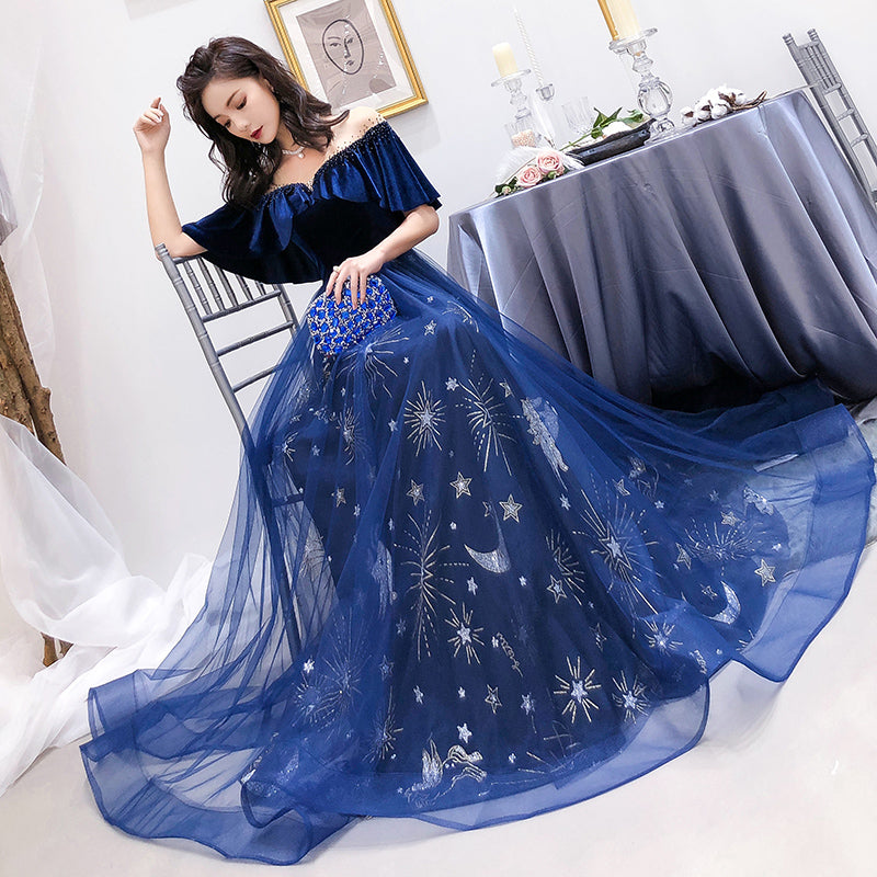 Tmallworld Navy Blue Velvet and Tulle Floor Length Evening Dress Party Dress, Blue Junior Prom Dresses