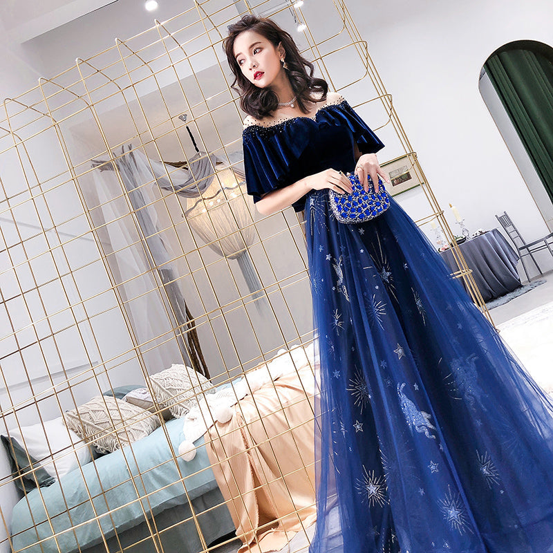 Tmallworld Navy Blue Velvet and Tulle Floor Length Evening Dress Party Dress, Blue Junior Prom Dresses