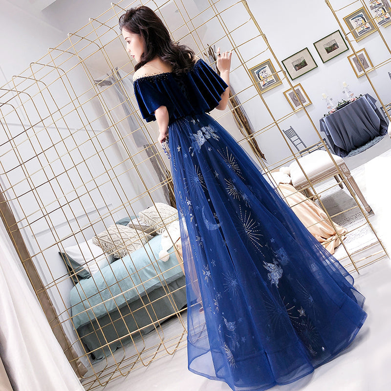 Tmallworld Navy Blue Velvet and Tulle Floor Length Evening Dress Party Dress, Blue Junior Prom Dresses