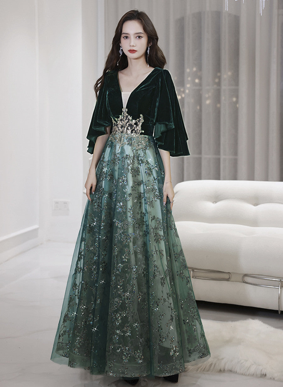 Tmallworld Dark Green Velvet with Tulle Long Party Dress, Dark Green A-line Formal Dress Prom Dress