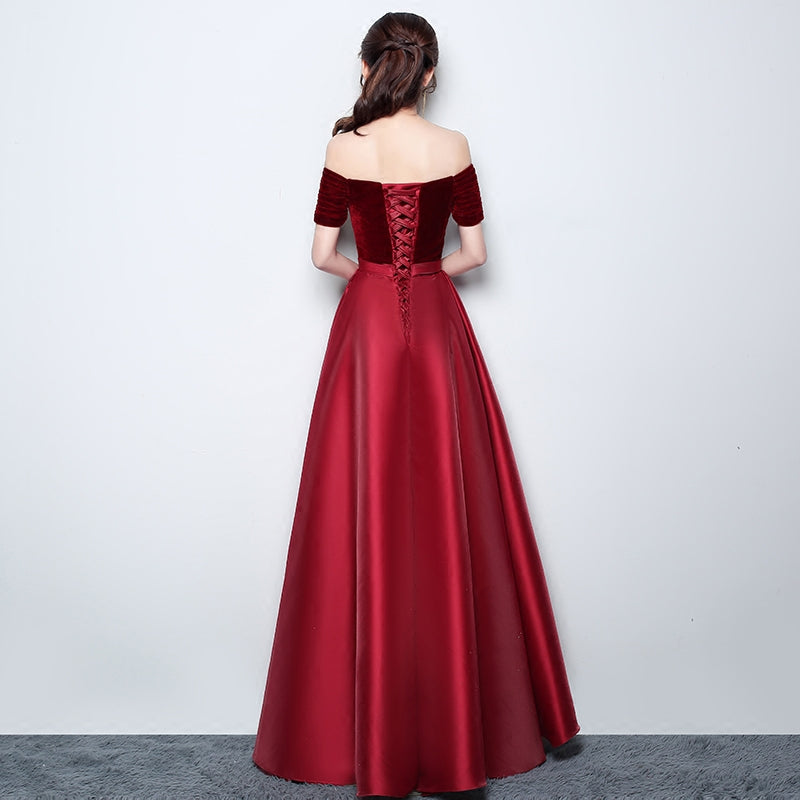 Tmallworld Wine Red Satin with Velvet Prom Dress, Off Shoulder A-line Formal Dress Evening Dress