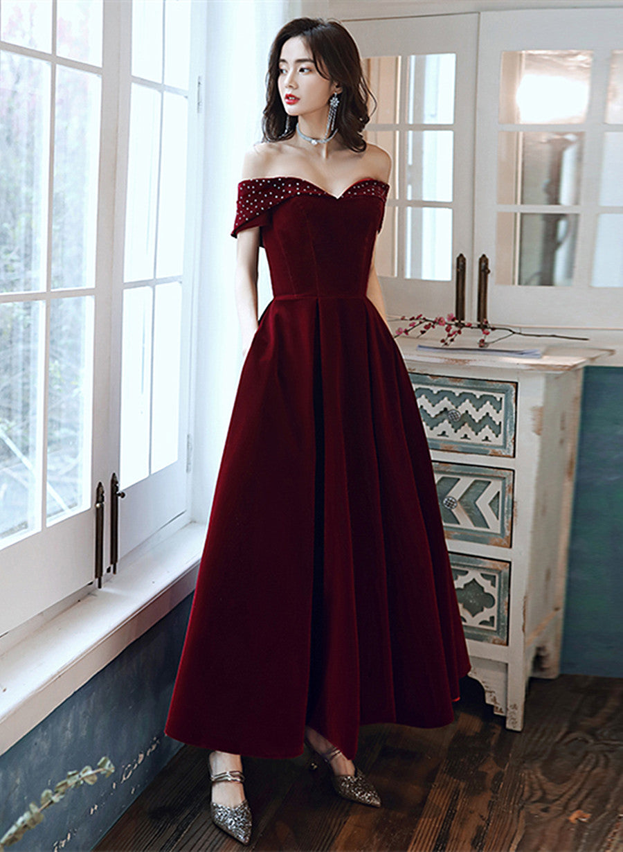 Tmallworld Burgundy Velvet Off Shoulder Long Wedding Party Dress, Burgundy Prom Dress