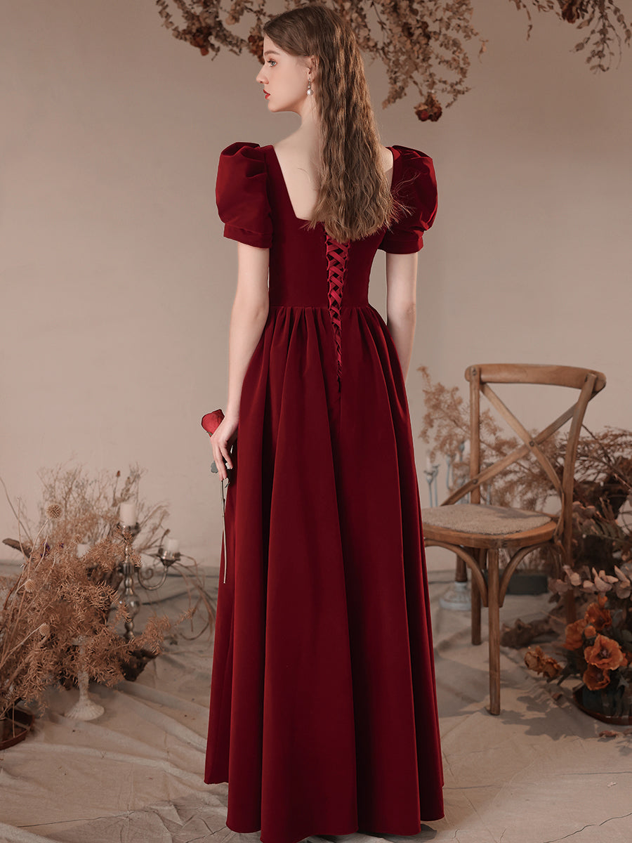 Tmallworld Wine Red Short Sleeves Velvet Long Party Dress, A-line Wine Red Formal Dress